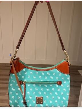 Dooney & Bourke Teal Logo Shoulder Bag with Brown Trim